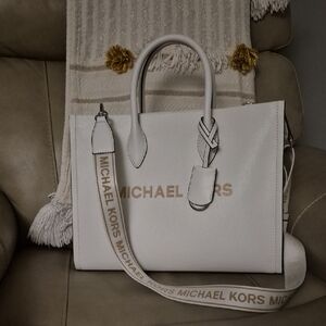 Michael Kors White Leather Tote with Logo Strap and Top Handles